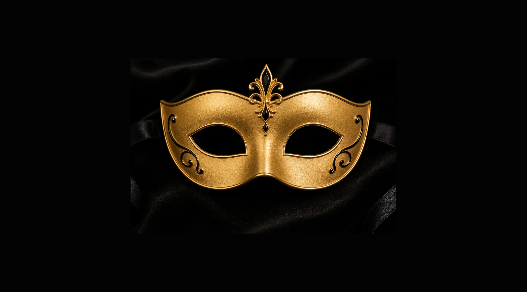 A gold Venetian masquerade mask on black silk, the visual mark of the Mask-querade benefit.